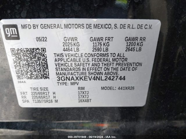 3GNAXKEV4NL242744 Chevrolet Equinox Fwd Lt