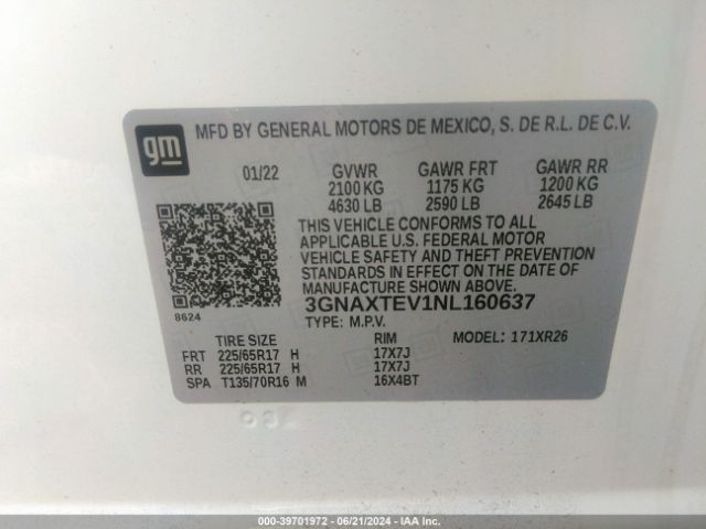 3GNAXTEV1NL160637 Chevrolet Equinox Awd 2fl
