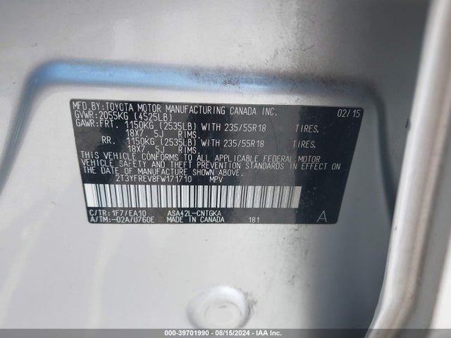 Toyota Rav4 Limited 2015 2T3YFREV8FW171710 Image 9