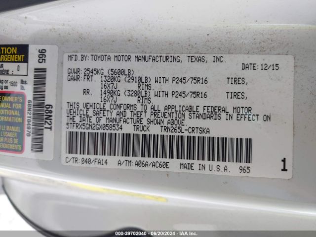 5TFRX5GN2GX058534 Toyota Tacoma Sr