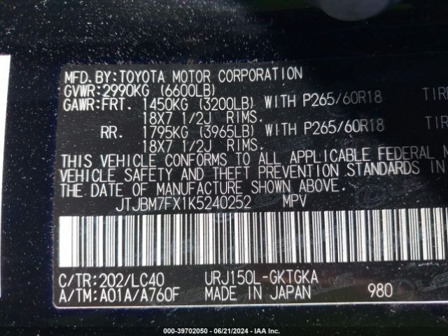 JTJBM7FX1K5240252 Lexus 460 Premium