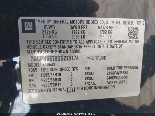 39702133 :رقم المزاد ، 3GCPKSE78DG275174 vin ، 2013 Chevrolet Silverado 1500 Lt مزاد بيع