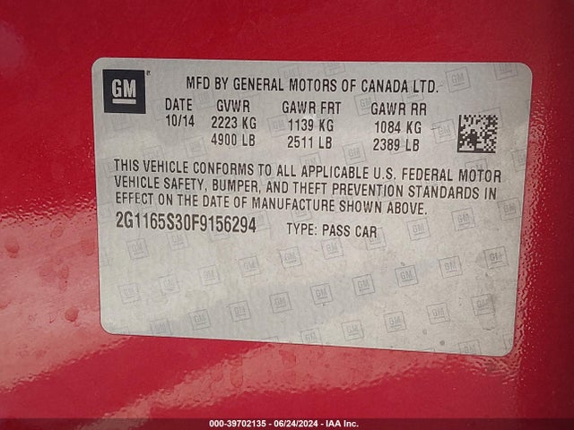 Chevrolet IMPALA 2LZ 2015 2G1165S30F9156294 Image 9