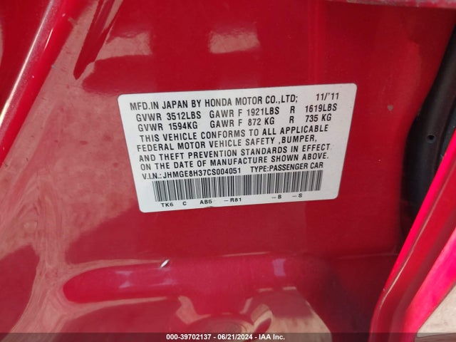 Продаж на аукціоні авто 2012 Honda Fit, vin: JHMGE8H37CS004051, номер лоту: 39702137