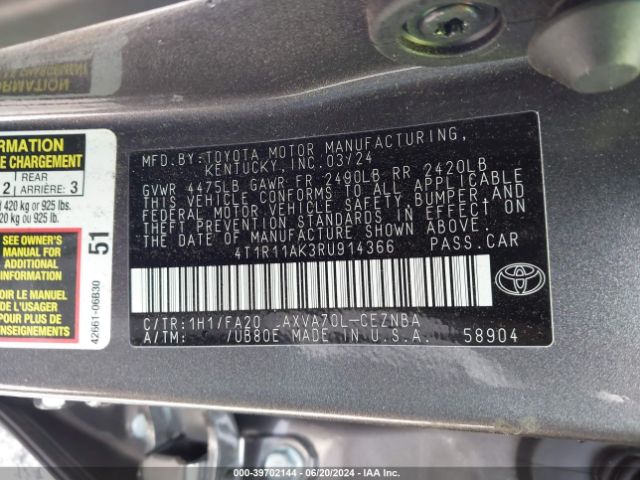 4T1R11AK3RU914366 Toyota CAMRY LE