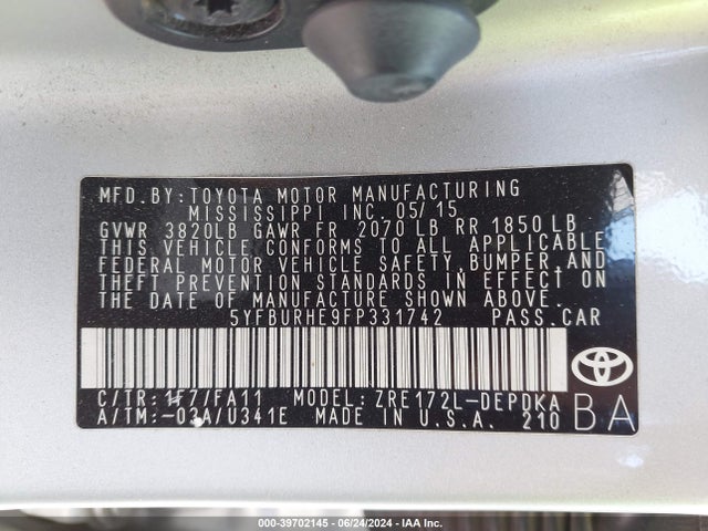 Toyota COROLLA L 2015 5YFBURHE9FP331742 Image 9
