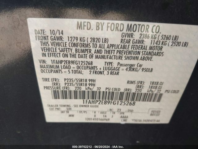 1FAHP2E89FG125268 Ford TAURUS SEL