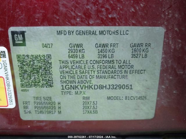 1GNKVHKD8HJ329051 Chevrolet Traverse 2lt