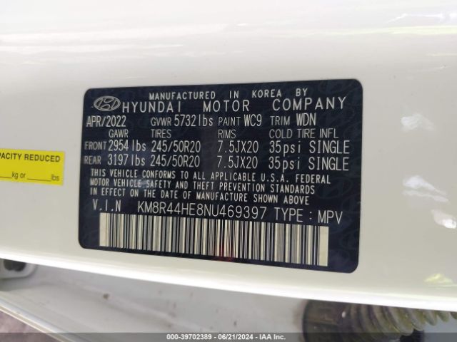 KM8R44HE8NU469397 Hyundai Palisade Sel
