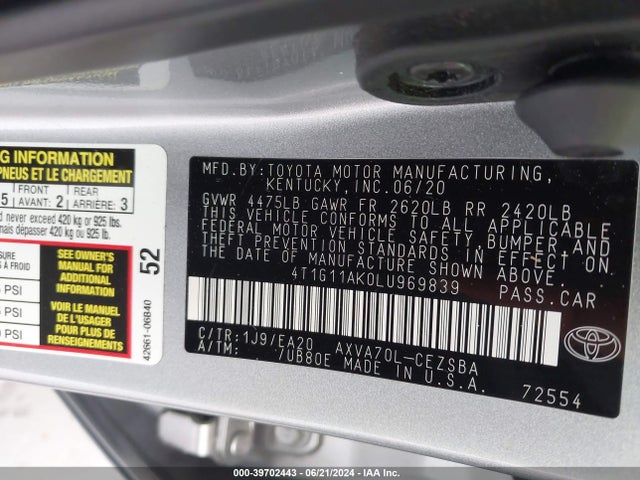 Toyota CAMRY SE 2020 4T1G11AK0LU969839 Image 9