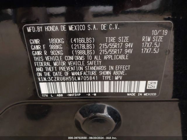 3CZRU6H55LM705841 Honda Hr-v Awd Ex