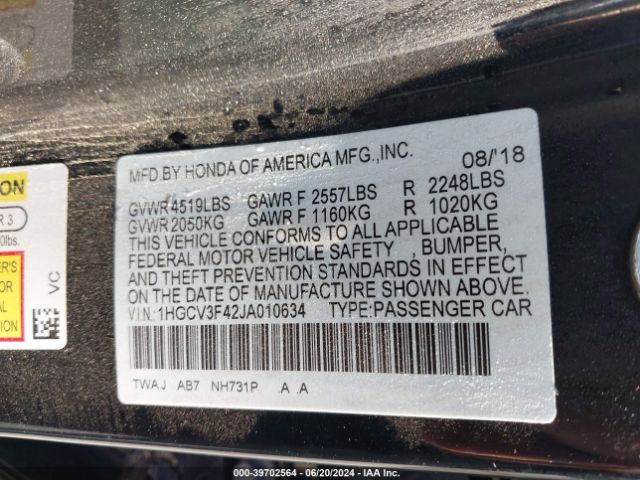 1HGCV3F42JA010634 Honda Accord Hybrid Ex