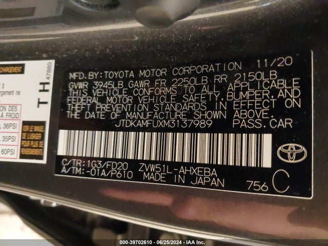 Toyota Prius Le 2021 JTDKAMFUXM3137989 Image 9