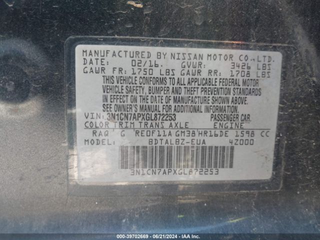 3N1CN7APXGL872253 Nissan Versa 1.6 S/1.6 S+/1.6 Sl/1.6 Sv