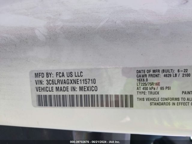 3C6LRVAGXNE115710 RAM Promaster 1500 Low Roof 136 Wb