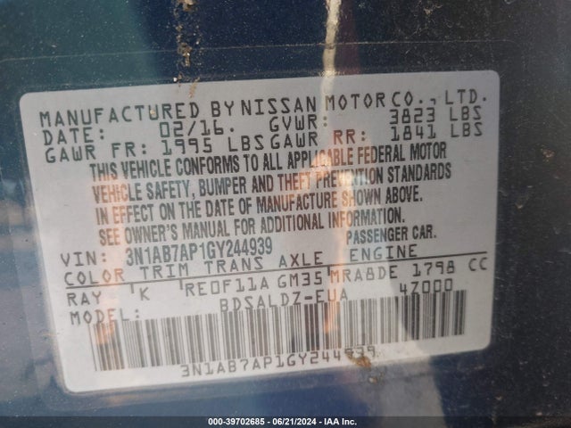 Nissan SENTRA SV 2016 3N1AB7AP1GY244939 Image 9