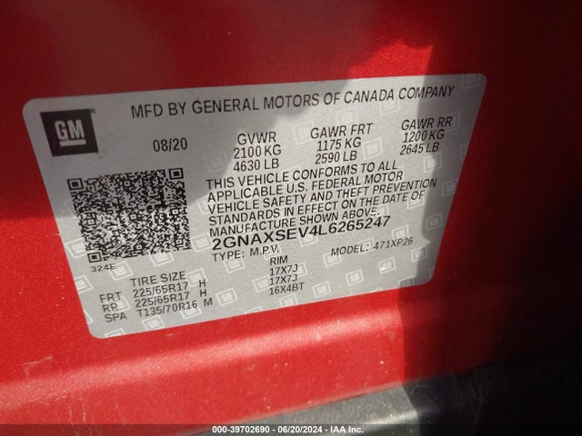 Chevrolet Equinox Awd Ls 2020 2GNAXSEV4L6265247 Image 9