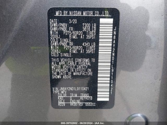 JN8AY2ND1L9110421 Nissan Armada Sl 2wd