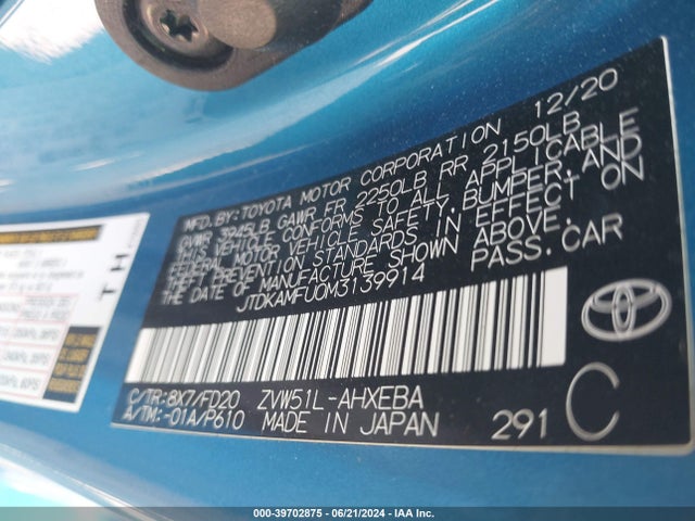Toyota Prius Le 2021 JTDKAMFU0M3139914 Image 9