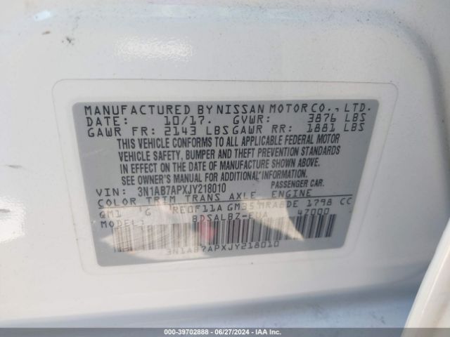 3N1AB7APXJY218010 Nissan SENTRA S