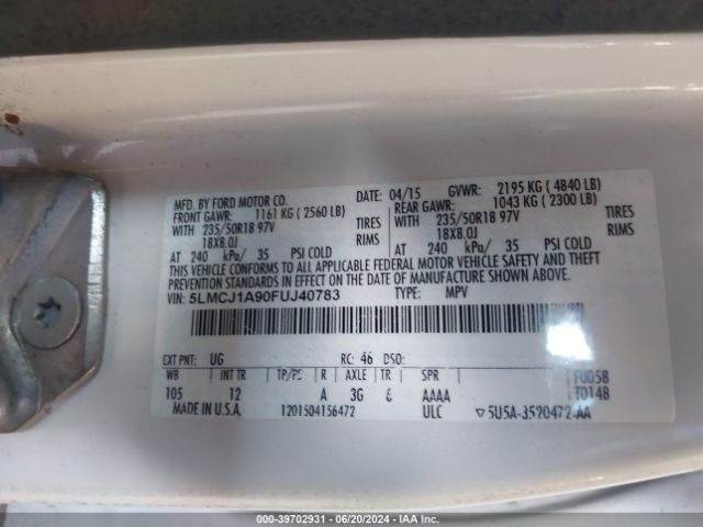5LMCJ1A90FUJ40783 Lincoln MKC
