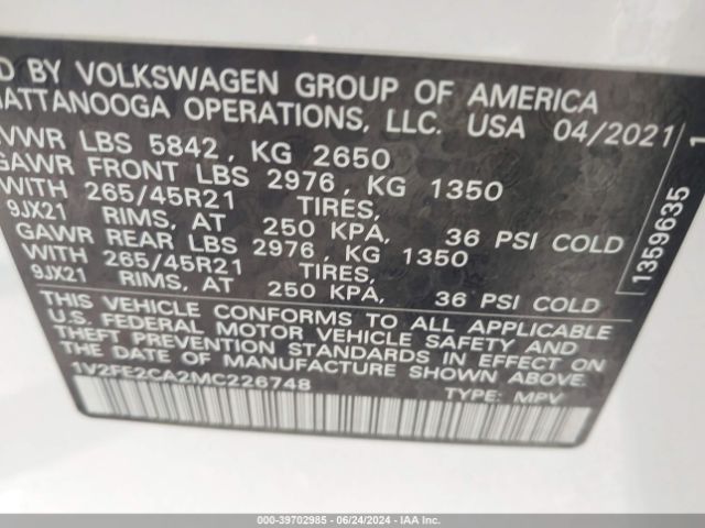 1V2FE2CA2MC226748 Volkswagen Atlas Cross Sport 3.6l V6 Sel Premium R-line