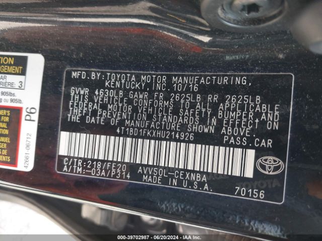 4T1BD1FKXHU214926 Toyota Camry Hybrid Le