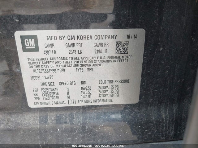 Chevrolet Trax Lt 2015 KL7CJRSB1FB071599 Image 9