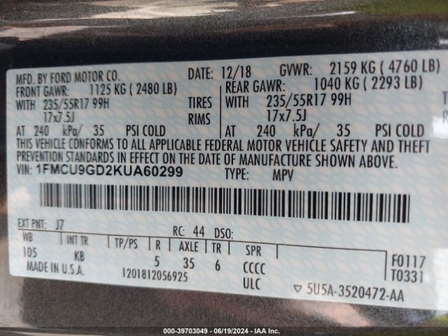 1FMCU9GD2KUA60299 Ford ESCAPE SE
