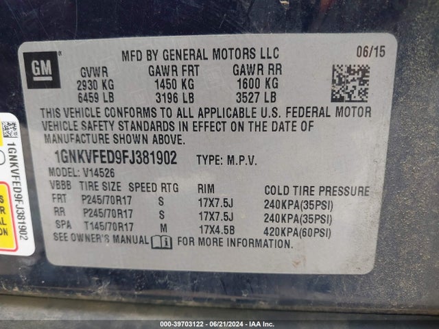Chevrolet Traverse Ls 2015 1GNKVFED9FJ381902 Image 9