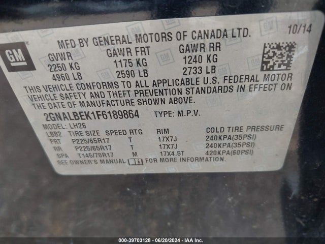 Chevrolet EQUINOX 1LT 2015 2GNALBEK1F6189864 Image 9