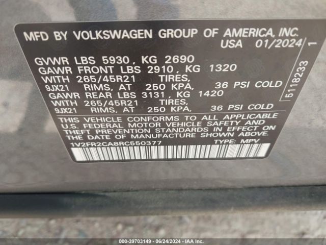 1V2FR2CA8RC550377 Volkswagen Atlas 2.0t Sel Premium R-line