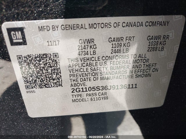 Chevrolet IMPALA 1LT 2018 2G1105S36J9136111 Image 9