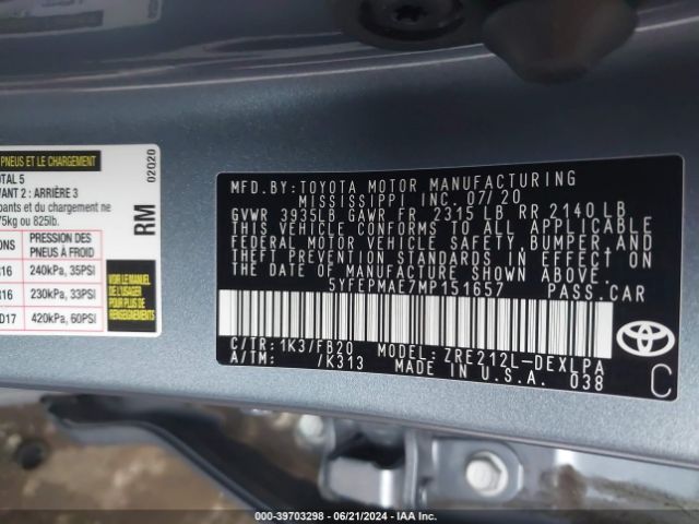 2021 TOYOTA COROLLA 5YFEPMAE7MP151657 Photo 8
