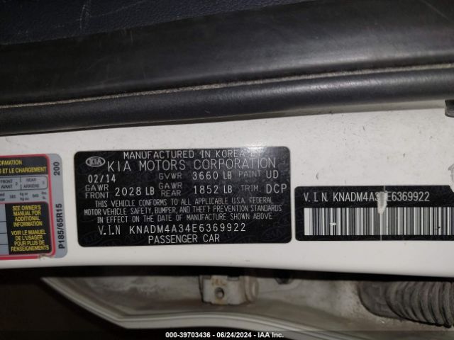 KNADM4A34E6369922 KIA RIO LX