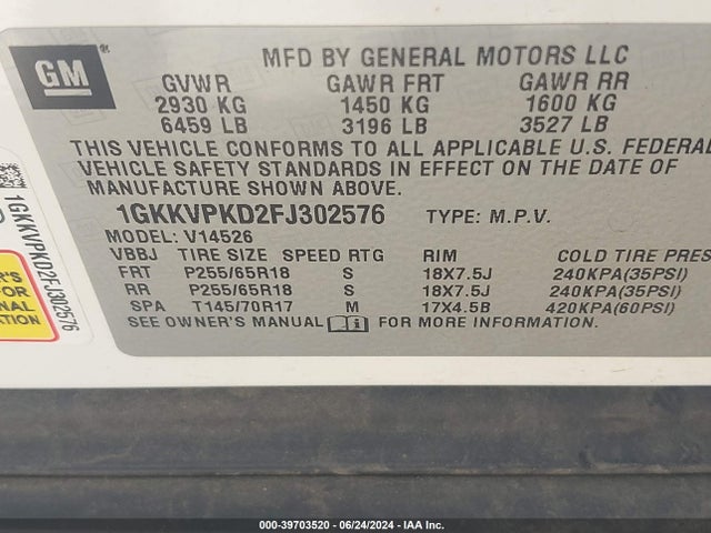 GMC Acadia Sle-2 2015 1GKKVPKD2FJ302576 Image 9