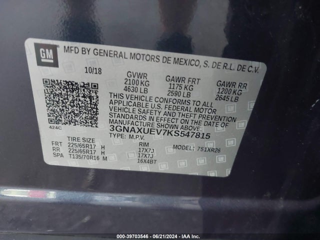 Chevrolet EQUINOX LT 2019 3GNAXUEV7KS547815 Image 9