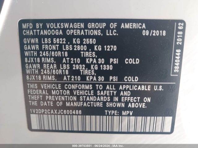 1V2DP2CAXJC600486 Volkswagen Atlas 2.0t Se/2.0t Se W/technology