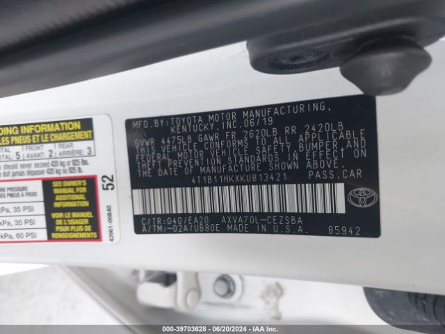 4T1B11HKXKU813421 Toyota CAMRY SE