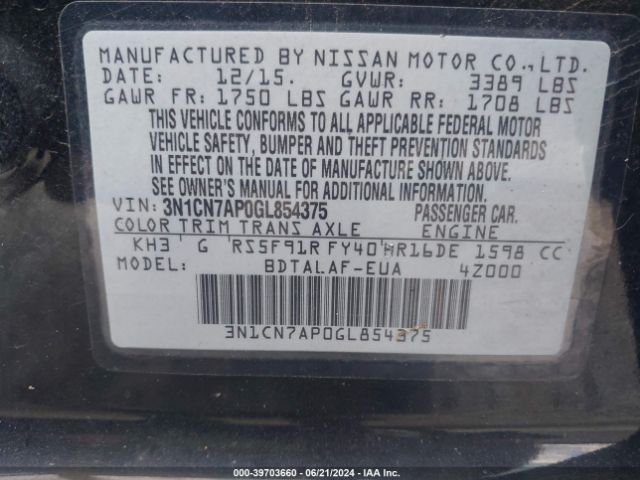 3N1CN7AP0GL854375 Nissan Versa 1.6 S