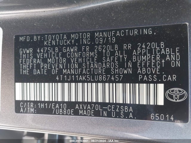 Toyota CAMRY SE 2020 4T1J11AK5LU867457 Image 9