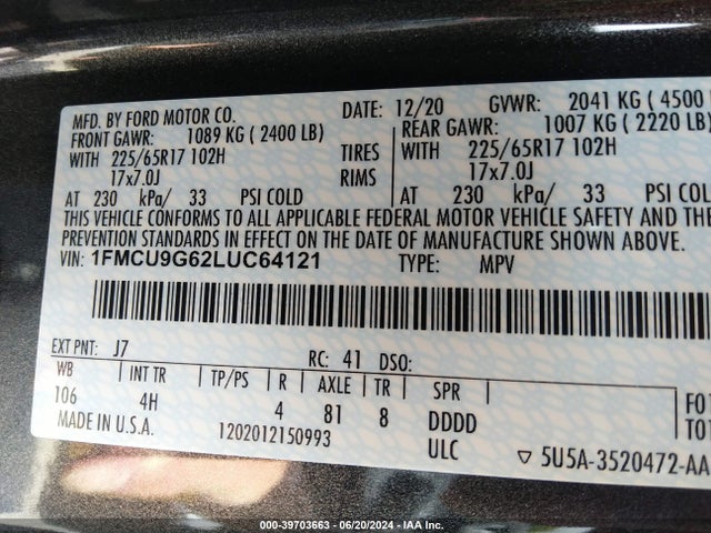 Ford ESCAPE SE 2020 1FMCU9G62LUC64121 Image 9