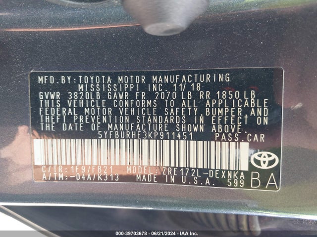 Toyota COROLLA LE 2019 5YFBURHE3KP911451 Image 9