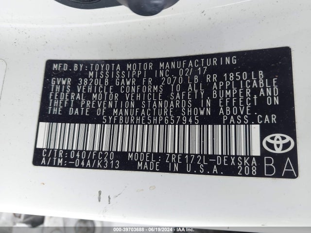 Toyota COROLLA SE 2017 5YFBURHE5HP657945 Image 9