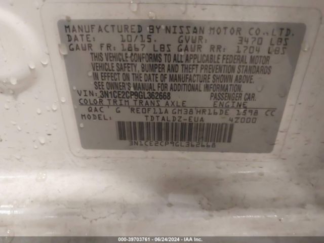 3N1CE2CP9GL362668 Nissan Versa Note S (sr)/s Plus/sl/sr/sv
