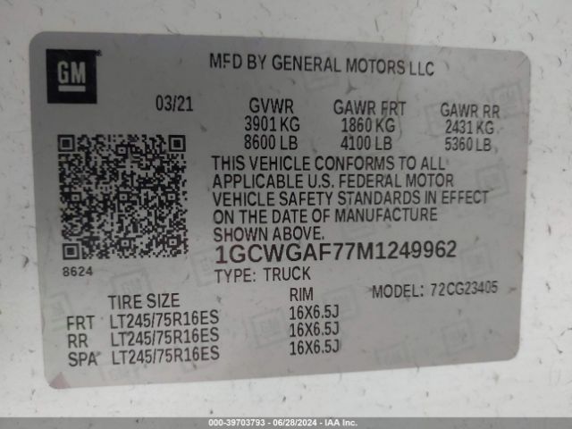 1GCWGAF77M1249962 Chevrolet Express Cargo Rwd 2500 Regular Wheelbase Wt