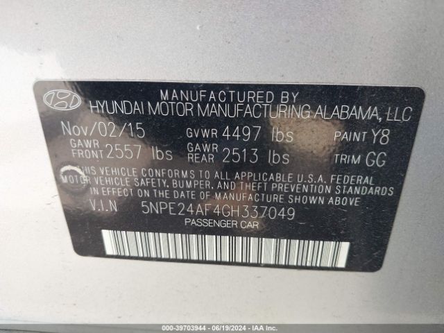 5NPE24AF4GH337049 Hyundai SONATA SE
