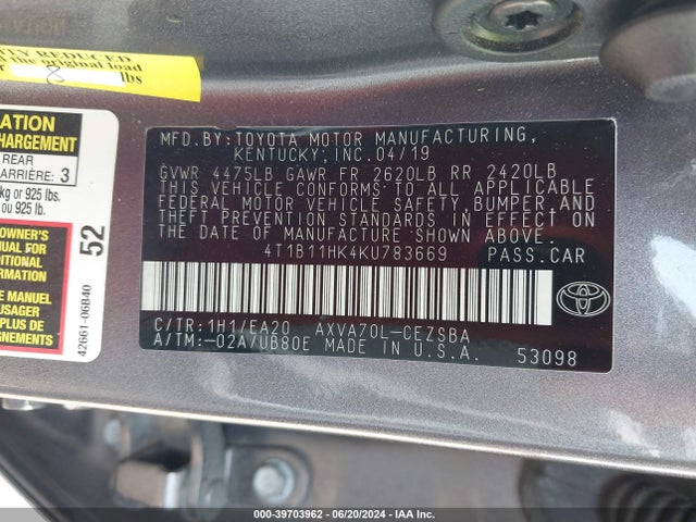 Toyota CAMRY SE 2019 4T1B11HK4KU783669 Image 9