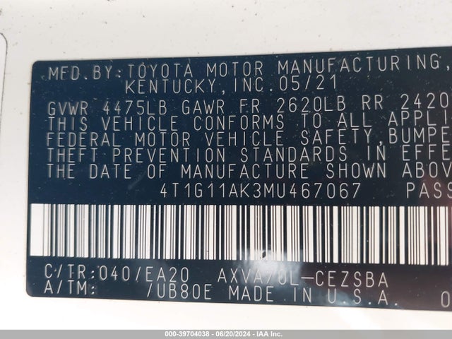Toyota CAMRY SE 2021 4T1G11AK3MU467067 Image 9