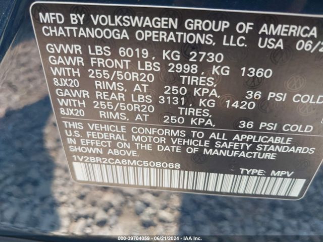 1V2BR2CA6MC508068 Volkswagen Atlas 3.6l V6 Sel